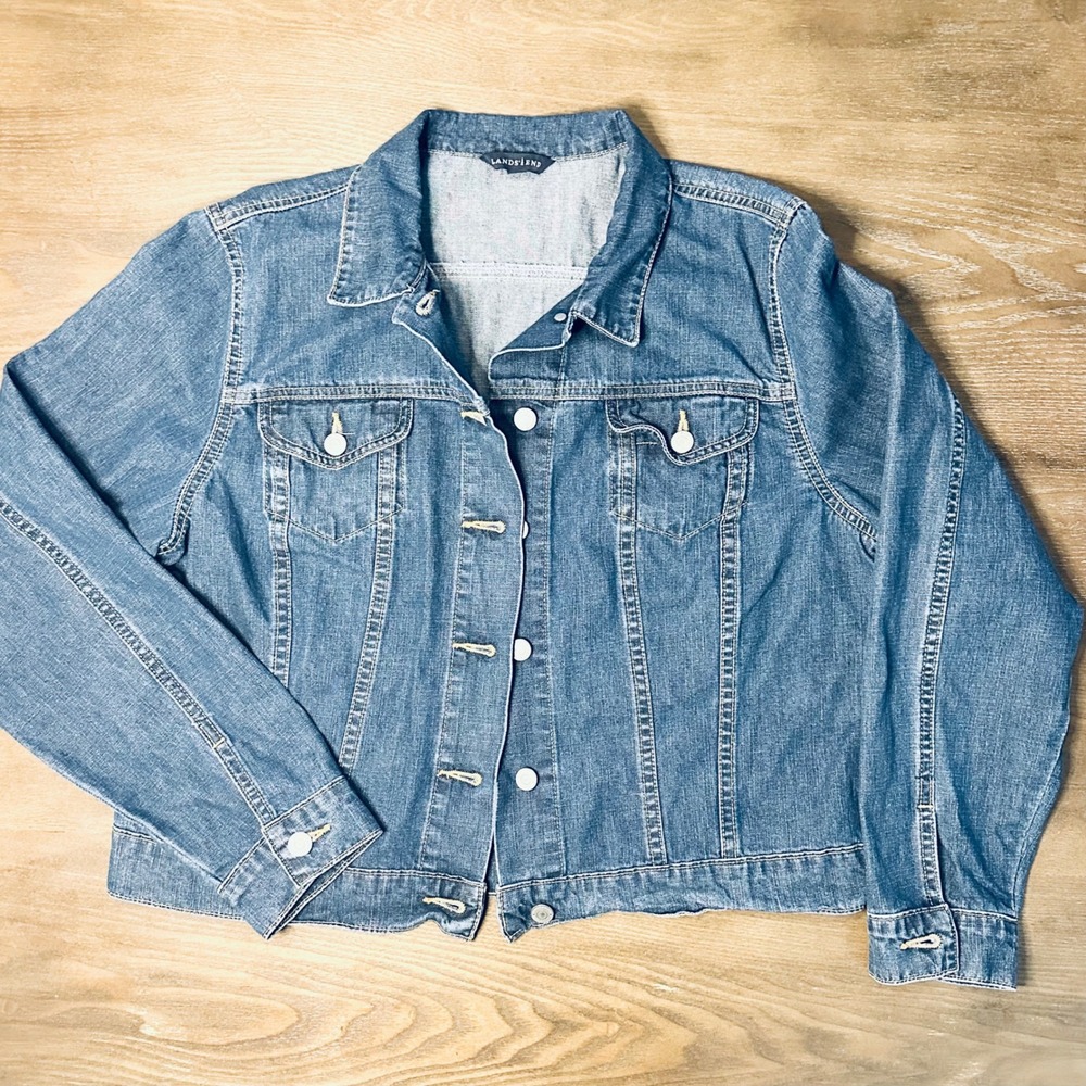 Lands End Womens Denim Jacket Medium Wash Button‎ Front Trucker Style SZ L 14-16